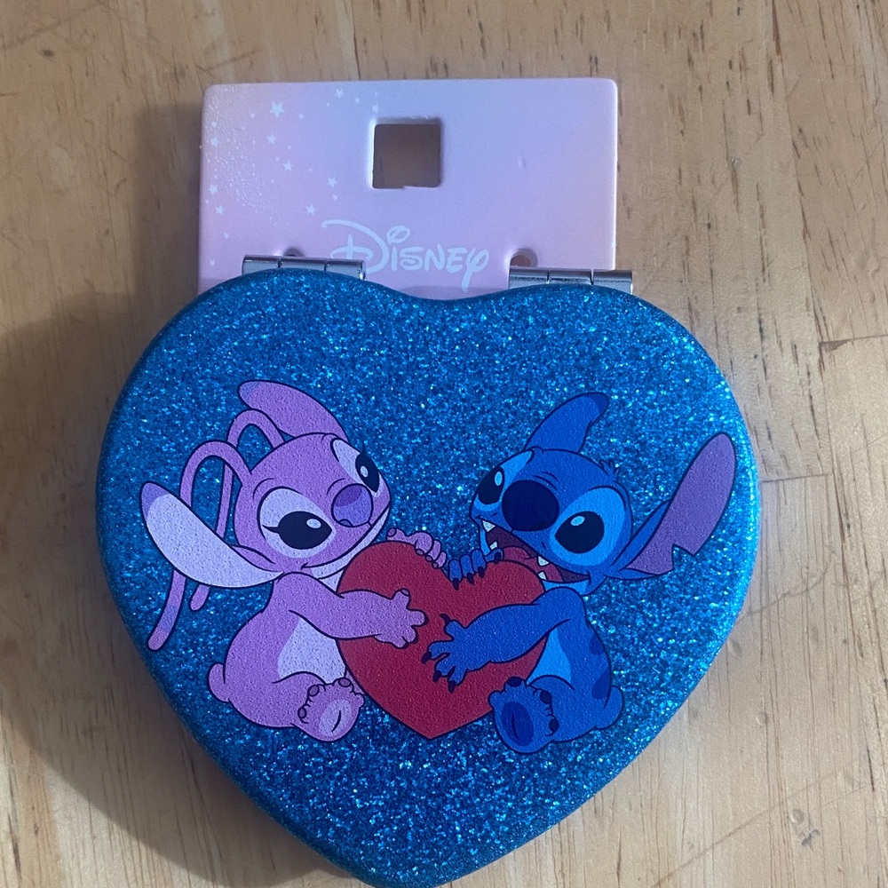 Disney Stitch and Angel Blue Glitter Heart Compact mirror. NWT.